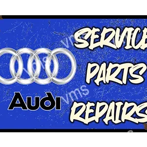 Audi service, parts, and repairs advertisement with logo on blue background.