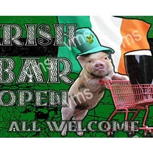 Pig dressed as a leprechaun holding a pint at an Irish bar sign.