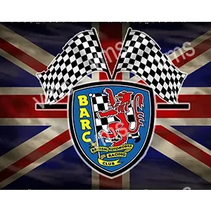 BARC emblem with checkered flags over a Union Jack background.