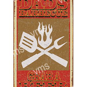 A rustic sign for Dad's barbecue with grilling tools and flames.