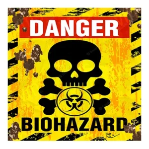 Dangerous biohazard warning sign with skull and crossbones.
