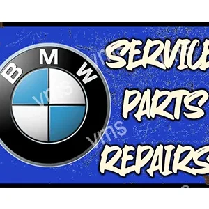 BMW logo with service, parts, and repairs text on a blue background.