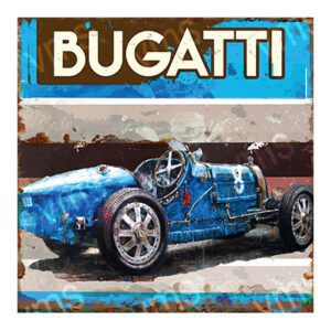 Vintage blue Bugatti race car illustration on a textured background.