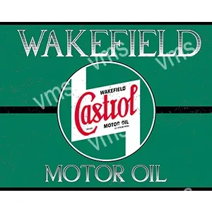 Vintage Wakefield Castrol Motor Oil sign with green background.