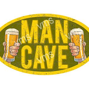 Vintage yellow oval sign reading 'Man Cave' with beer glasses.