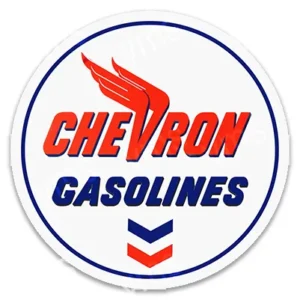 Vintage Chevron Gasolines logo with red wing and chevrons.