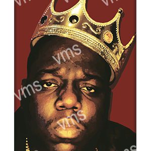 Portrait of a man wearing a golden crown against a red background.