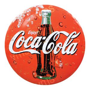 Vintage Coca-Cola sign with classic bottle and bubbles.