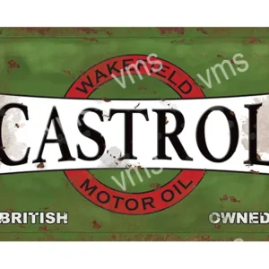 Vintage Castrol motor oil metal sign with worn paint.
