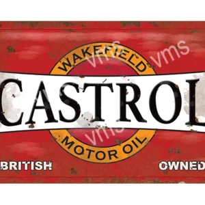 Vintage Castrol motor oil sign with red and yellow design.