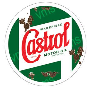 Vintage Castrol Motor Oil sign from Wakefield with green and white colors.