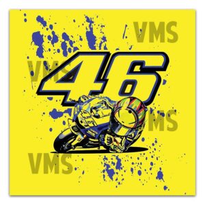 Yellow-themed graphic featuring the number 46 and a motorcycle rider.