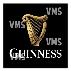 Vintage Guinness logo featuring a golden harp on a black background.