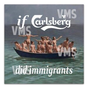 A group of men on a boat with text about immigrants and Carlsberg.