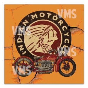 Vintage Indian motorcycle illustration with Native American head logo on orange background.