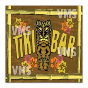 Vintage tiki bar sign with a Polynesian mask and tropical flowers.