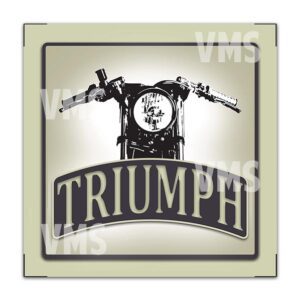 Vintage Triumph motorcycle logo with handlebars and speedometer.