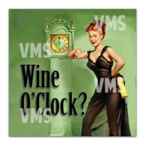Vintage woman holding a clock with 'Wine O'Clock?' text.