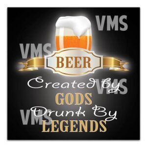 Beer glass with foam and a bold quote about beer and legends.