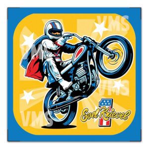 Retro superhero riding a motorcycle doing a wheelie.
