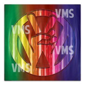 Rainbow-colored Volkswagen logo with a peace sign in the center.