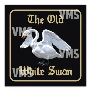 Elegant white swan with wings spread on a black background.