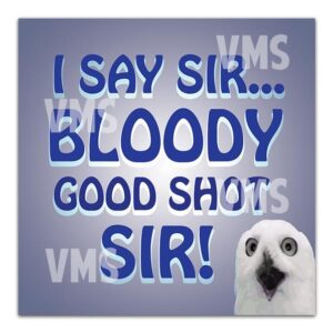 A surprised dog with text saying, 'I say sir... bloody good shots sir!'