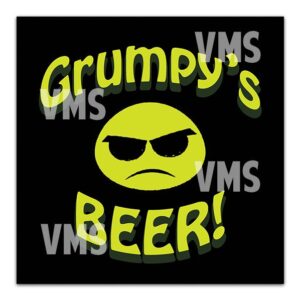 Logo with a green grumpy face and text 'Grumpy's Beer!'