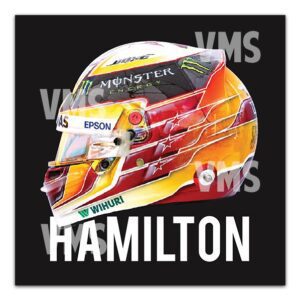 Stylized racing helmet graphic with 'Hamilton' text.