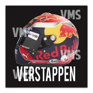 A Red Bull racing helmet with Verstappen's name.