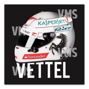 Sebastian Vettel's racing helmet with sponsors' logos and his name.