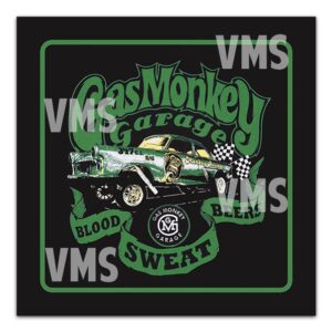 Vintage car graphic with 'Gas Monkey Garage' text and skull design.