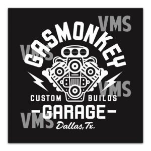 Vintage-style garage logo with monkey skull and wrenches.
