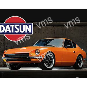 Classic orange Datsun sports car in a sleek setting.