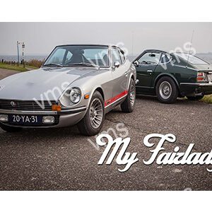 Two classic Datsun Fairlady Z cars parked outdoors with a vintage vibe.