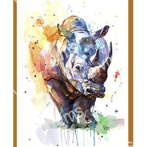 Colorful watercolor painting of a rhinoceros head.
