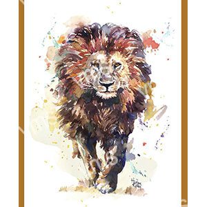 Artistic watercolor painting of a majestic lion walking forward.