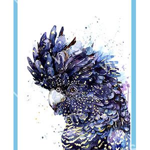 Artistic watercolor painting of a blue and purple cockatoo with intricate feather details.