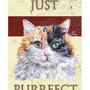 Artistic split-faced cat portrait with 'Just Purrfect' text.