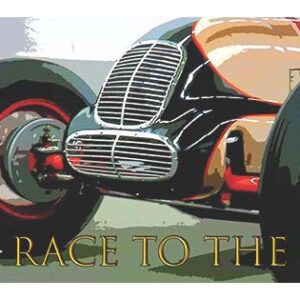 Vintage race car with bold red wheels and streamlined design.