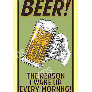 Hand holding a frothy beer mug with text about beer.