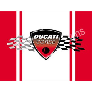 Ducati Corse logo with checkered racing flags on a red and white background.
