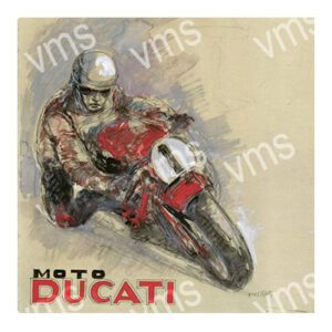 Vintage illustration of a Ducati motorcycle racer in action.