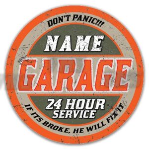 Vintage circular garage logo with bold orange and white text.