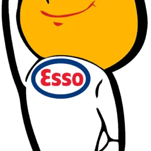 Cartoon character in an Esso-themed outfit with a smiling face.