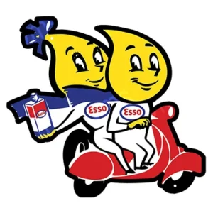 Two cartoon Esso gas mascots riding a red scooter, one holding a gas pump nozzle.