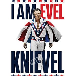 Evel Knievel in patriotic stunt outfit with American flag cape.