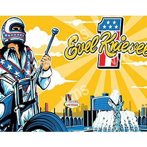 Evel Knievel in patriotic gear on a motorcycle with cityscape background.