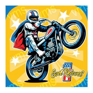 Motorcyclist performing a wheelie with a cape in a vibrant comic style.