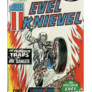 Vintage Evel Knievel poster showing a motorcycle stunt with flames.
